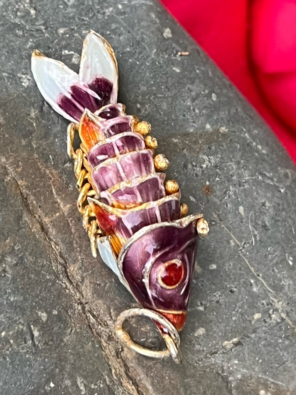 Vintage Cloisonné Articulated Fish Pendant Enamel Brass 1.5”